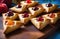 Purim pastries, national Jewish cuisine, traditional Jewish dish, homemade triangular pies with jam and berries,