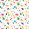 Purim seamless pattern with carnival watercolor elements. Jewish festival, endless background, texture, wallpaper