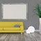 Puristic modern room with a yellow sofa