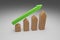 Puristic wooden house shapes with a green upswing arrow, 3d rendering