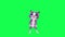 A purple 3D animated magical talking cat stands up and cheers from the opposite angle on a green screen 3D people walking backgrou