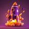 Purple 3D rocket with fiery blast off. Startup and business concept. Generative AI
