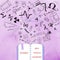 purple abstract background with an open book illustration, as well as several symbols of science and scientific formulas