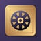 Purple Alloy wheel for car icon isolated on purple background. Gold square button. Vector