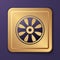 Purple Alloy wheel for car icon isolated on purple background. Gold square button. Vector