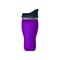 Purple aluminum thermo mug with plastic lid. Vacuum cup for tea or coffee. Container for hot drinks. Flat vector icon