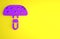 Purple Amanita muscaria or fly agaric hallucinogenic toadstool mushroom icon isolated on yellow background. Spotted