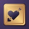Purple Amour symbol with heart and arrow icon isolated on purple background. Love sign. Valentines symbol. Gold square