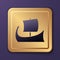 Purple Ancient Greek trireme icon isolated on purple background. Gold square button. Vector