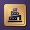 Purple Babel tower bible story icon isolated on purple background. Gold square button. Vector