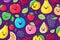 a purple background featuring a bunch of fruits and berries with faces, smiling faces