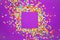 Purple background with vivid confetti. Colorful abstract backdrop with square frame and space for your text. Festive