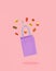 Purple bag full of fun. Unhealthy, junk, fast food and football and basketball sport balls. Kids wishes on pastel pink background