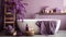 a purple bathroom with a white bathtub and purple towels Mid-Century interior Bathroom with Lavender