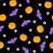 Purple bats, pumpkins and skull on dark background seamless pattern