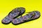 Purple Beach Day Flip Flops with dragonfly pattern isolated on bright yellow