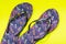 Purple Beach Day Flip Flops with dragonfly pattern isolated on bright yellow