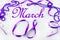 Purple beads and ribbon and sparkly jewels on a light background make a border for International Women`s Day on March 8th each