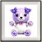 A purple bear with a bow on its head is shown in a framed picture.