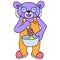 The purple bear is kneading the dough to make a cake, doodle icon image kawaii