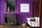 Purple bedroom, fireplace and poster