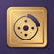 Purple Bicycle brake disc icon isolated on purple background. Gold square button. Vector