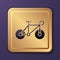 Purple Bicycle icon isolated on purple background. Bike race. Extreme sport. Sport equipment. Gold square button. Vector