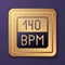 Purple Bitrate icon isolated on purple background. Music speed. Sound quality. Gold square button. Vector