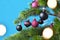 Purple and black glass tree bauble with decorated Christmas tree with other seasonal tree ornaments on blue background