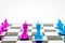 Purple and blue king  chasing in chessboard top view