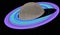 Purple and blue rings around the planet saturn in a dark sky.