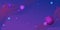 In the purple and blue space of the universe are planets and asteroids and stars. Horizontal banner.
