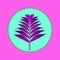 Purple branch of a palm tree on a turquoise background in a pink frame. Concept background, holiday, art