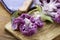 Purple broccoli on a wooden table