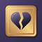 Purple Broken heart or divorce icon isolated on purple background. Love symbol. Valentines day. Gold square button