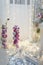 Purple bulbs in transparent glass vase. Christmas and New Year decorations and toys. Blurry white background