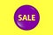 A purple button over yellow background with the words sale, 3d illustration