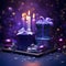 Purple candles, gifts, baubles, stars. Christmas card as a symbol of remembrance of the birth of the savior