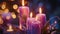 Purple candles with glitter on festive background