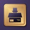 Purple Carton cardboard box icon isolated on purple background. Box, package, parcel sign. Delivery and packaging. Gold