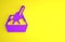 Purple Cat litter tray with shovel icon isolated on yellow background. Sandbox cat with shovel. Minimalism concept. 3D