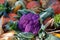 Purple cauliflowers and other vegetables on a farmers market stand