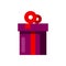 Purple celebration gift cardboard box with red bow vector illustration. Happy New year.