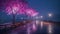 Purple cherry trees bloom after rain at night. Generative AI