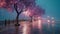 Purple cherry trees bloom after rain at night. Generative AI