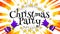 Purple christmas cracker pulled apart with christmas party text manga rays and gold stars