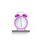 Purple clock alarm clock stand on a shelf, shows time 5: 59, o