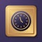 Purple Clock icon isolated on purple background. Time symbol. Gold square button. Vector Illustration