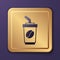 Purple Coffee cup to go icon isolated on purple background. Gold square button. Vector