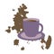 Purple coffee mug with saucer on the background of the splash